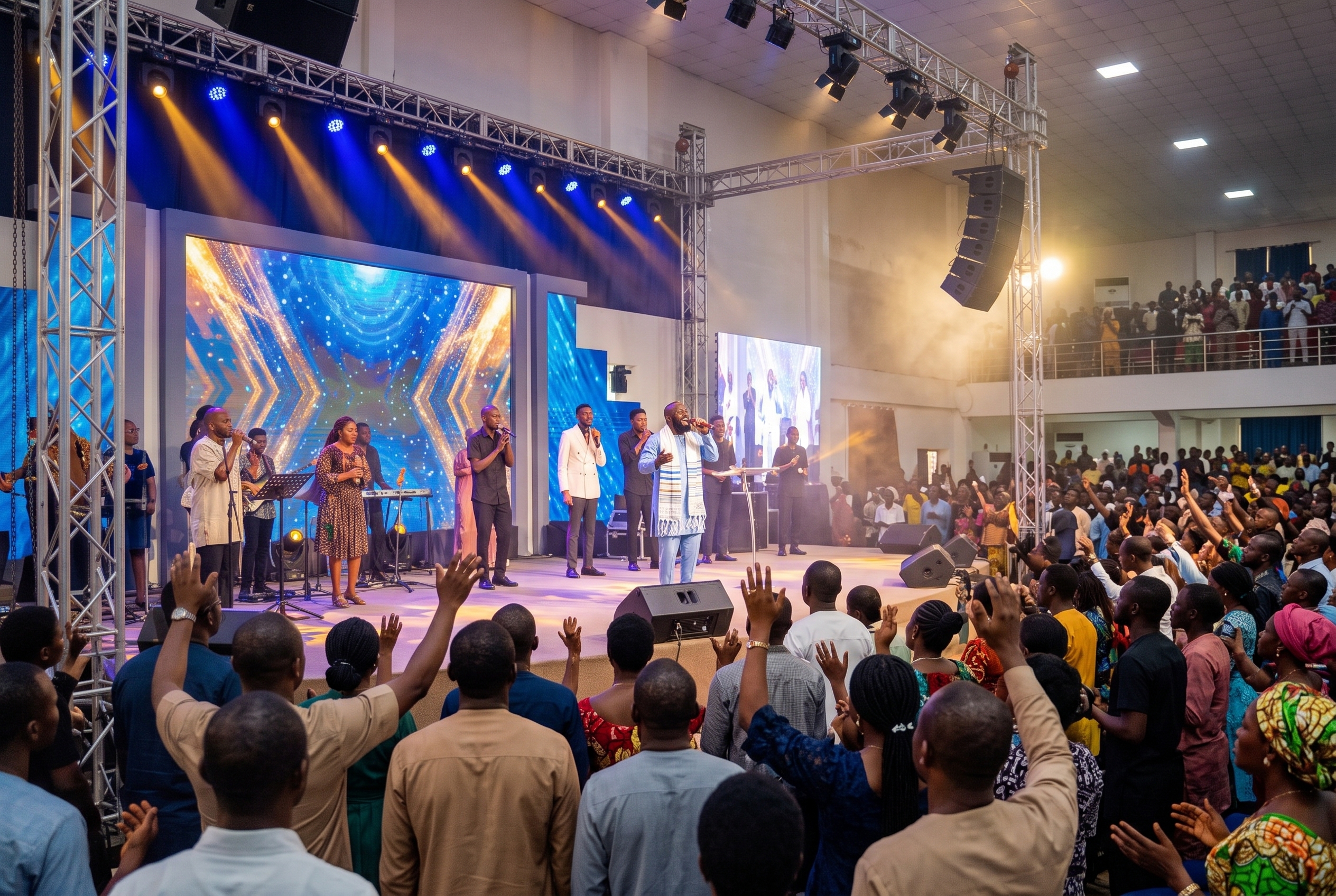 A packed hall with hands raised as Samuel Folabi and the worship team minister on a lit stage